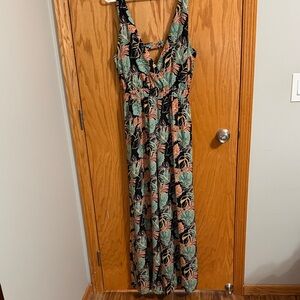 Tropical Print Black Jumpsuit with Mint and Coral Leaves